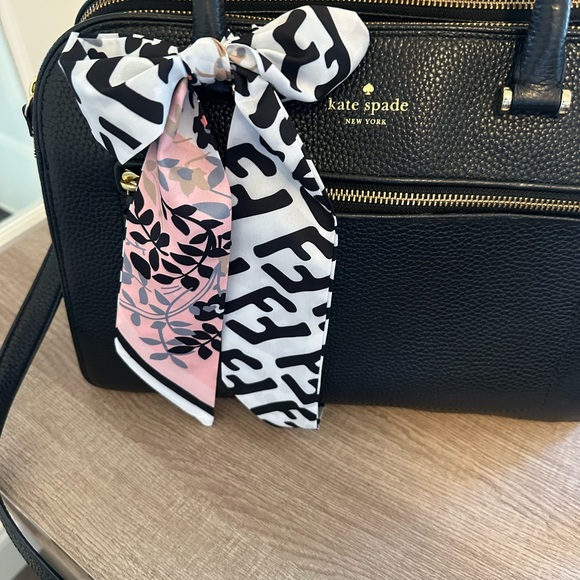 SOLD - Kate Spade Black Pebbled leather satchel with Charm or Bag scarf - Picture 2 of 16